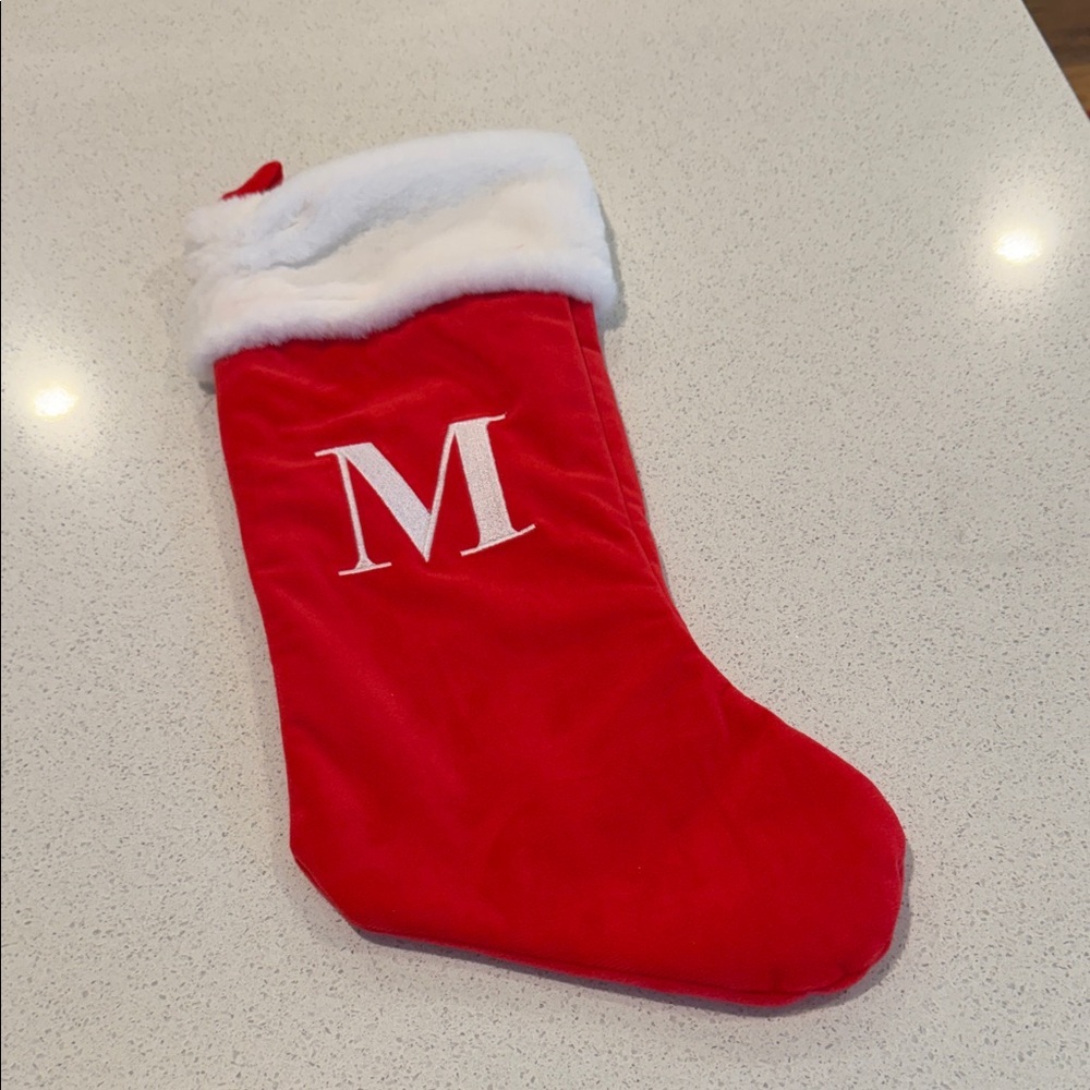 Red Christmas Stocking with White Trim “M” embroidered